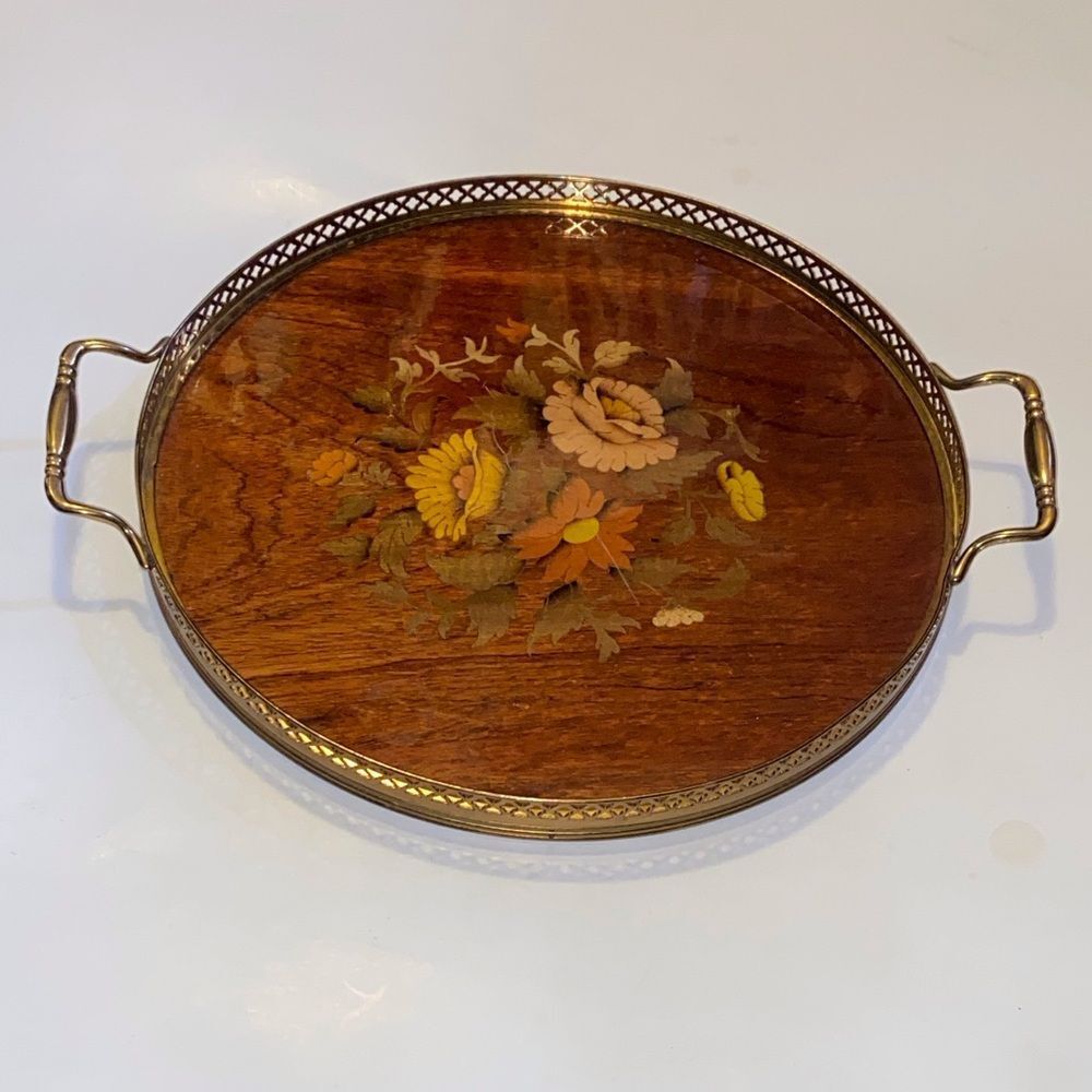 VTG,Fine Wood Art Marquetry Italian Inland Serving Tray Wooden  Vanity Ornate